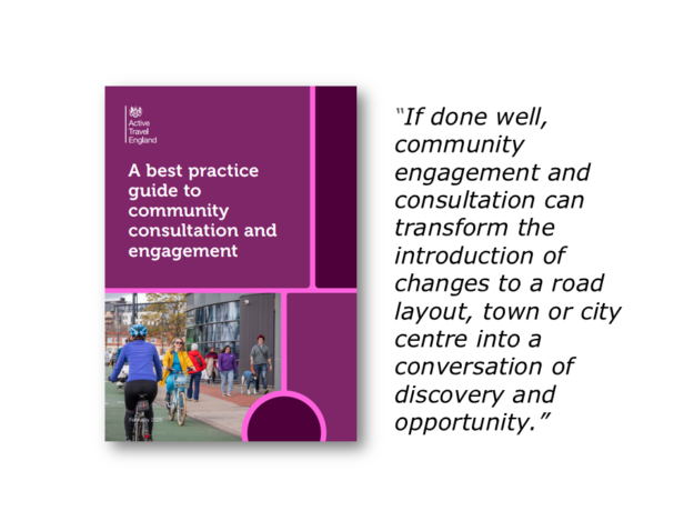 Cover and quote from Active Travel England's best practice guide to community consultation and engagement