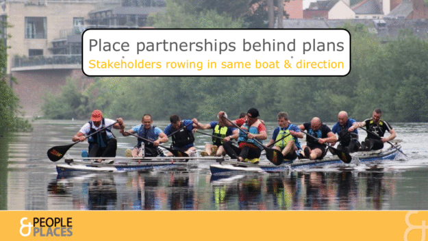 Creating a partnership behind a plan People in raft race in Hereford on River Wye symboolising all rowing in the same direction in creating a place partnership behind a plan