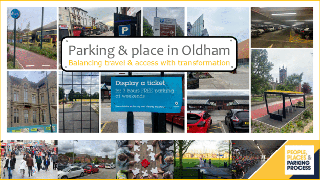 The photo montage show different aspects of balancing parking and access during town transformation.