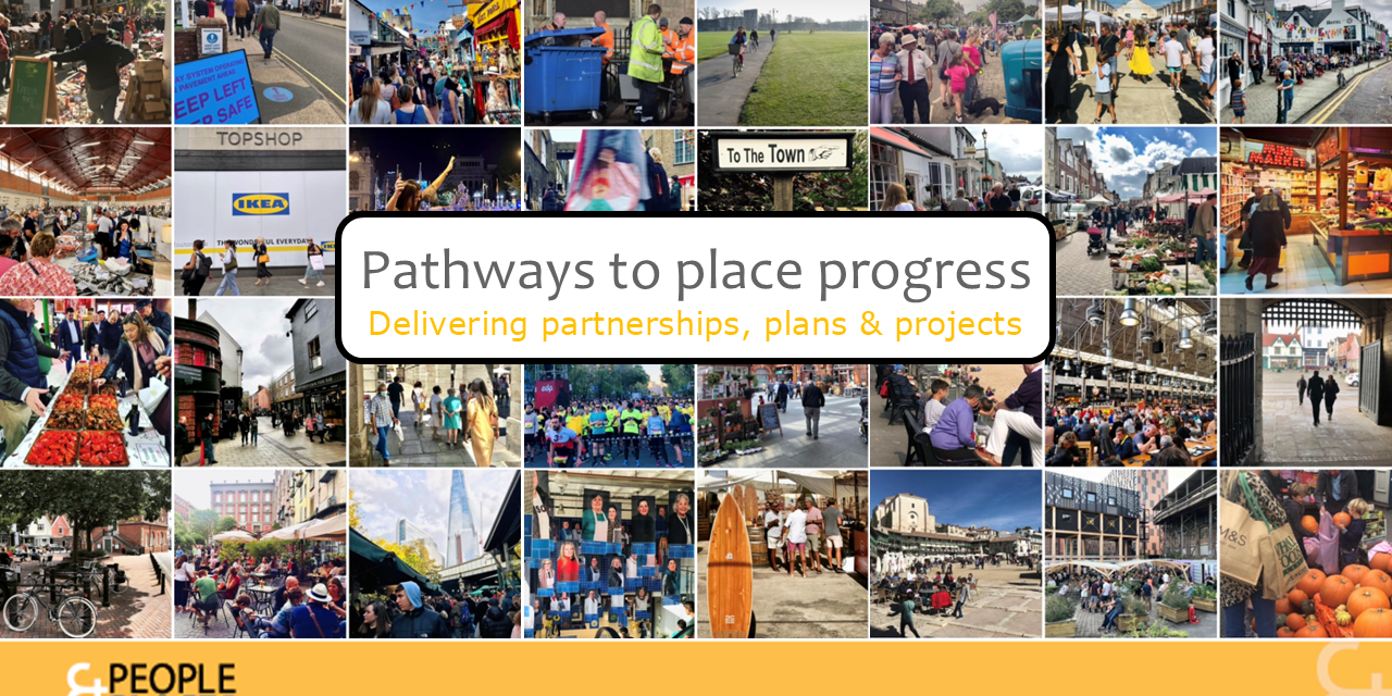 Delivering pathways to place progress though partnerships, plans and projects Mosaic of positive town scense from across England and Europe with words "Pathways to place progress" and "delivering partnerships, plans and projects