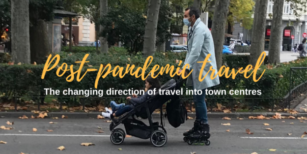 active travel to town by rollerskates and pram