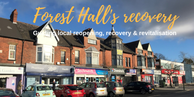 Forest Hall centre with shops and parked cars