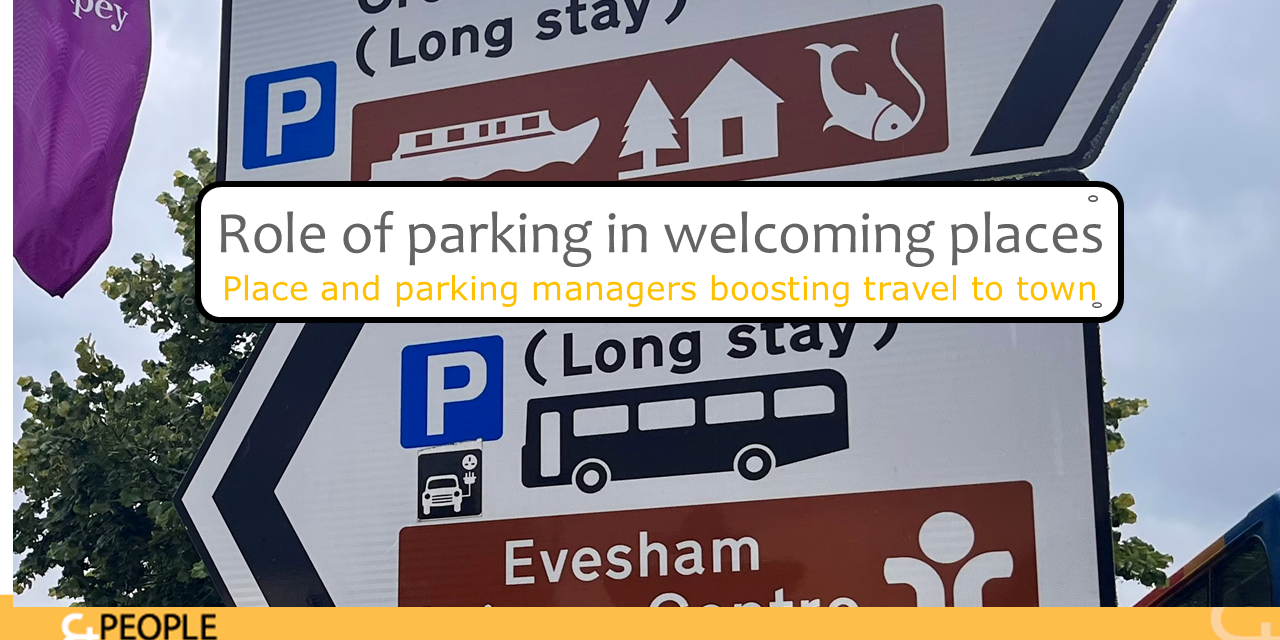 Road signs to two car parks in Evesham that show role of parking in welcoming places