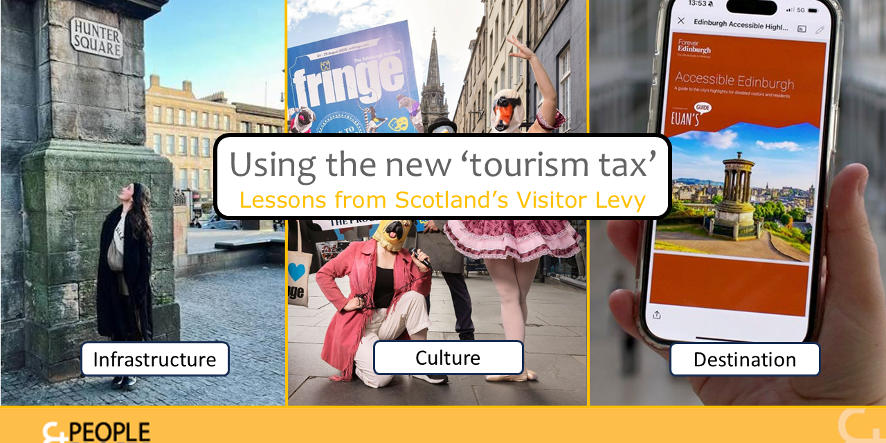 Making the most of the Visitor Levy. Scenes from Edinburgh representing investment, culture and destination management as part of learning from Scotland on making the most of the Visitor Levy.